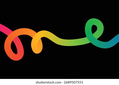 Uma fita fluente com um gradiente de cores do arco-íris, fazendo um loop e girando contra um plano de fundo preto.