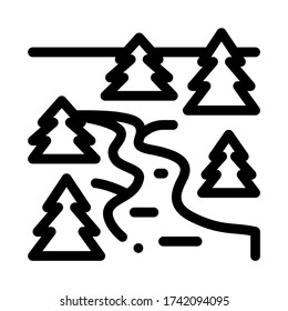 fluir río entre bosques de coníferas vector icono. señalización de río fluido entre bosques de coníferas. ilustración de símbolo de contorno aislado