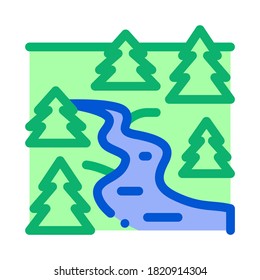 fließender Fluss zwischen Waldsymbol Vektorgrafik. fließender Fluss zwischen Waldschild. Illustration von Farbzeichen
