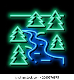 flowing river among forest neon light sign vector. Glowing bright icon flowing river among forest sign. transparent symbol illustration