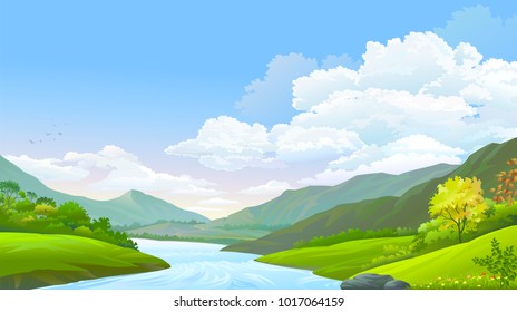 A flowing river, blue sky, high mountains and green meadows