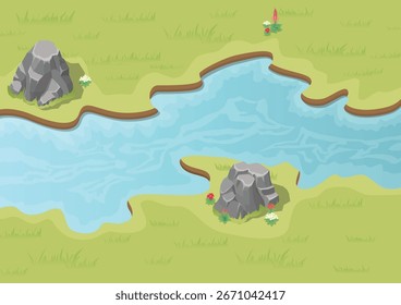 fließender Fluss mit Stein und Pflanzen