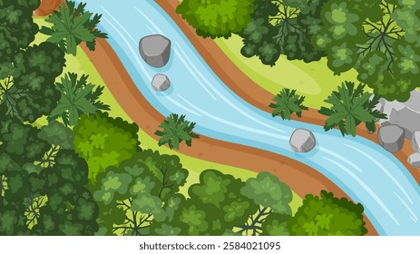 Flowing river through lush green forest landscape