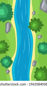 Flowing river top view, cartoon curve riverbed with blue water, coastline with stones, trees and green grass. Illustration of summer scene with brook flow with sand shore. Vector illustration