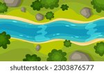 Flowing river top view. Curve riverbed and coastline with stones, trees and green field. Summer landscape scene. Vector illustration.