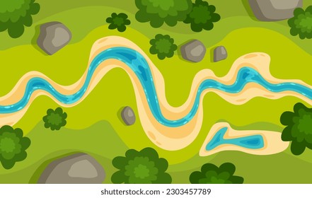 Flowing river top view. Curve riverbed and coastline with stones, trees and green field. Summer landscape scene. Vector illustration.
