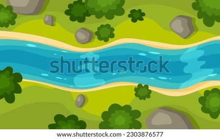 Flowing river top view. Curve riverbed and coastline with stones, trees and green field. Summer landscape scene. Vector illustration.