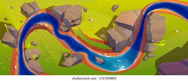 Flowing river top view. Vector background of nature landscape with blue water stream, green grass and rocks. Illustration of summer scene with brook flow on field with stones