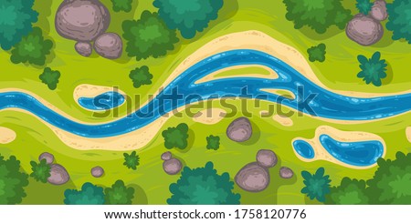 Flowing river top view. Vector seamless border with nature landscape with blue water stream, green grass, trees and rocks. Illustration of summer scene with brook flow with sand shore