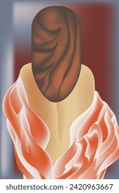 Flowing satiny fabric partly covers the back of a woman.