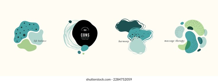 Flowing shapes collages and icons. Trendy abstract flat liquid organic forms and badges set. Template for logo, branding, web design, social media post, business card, print, flyer or presentation.