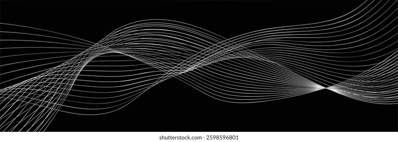 Flowing  silver line particles wave pattern black isolated on white background. Vector in concept of technology, science, music, modern.