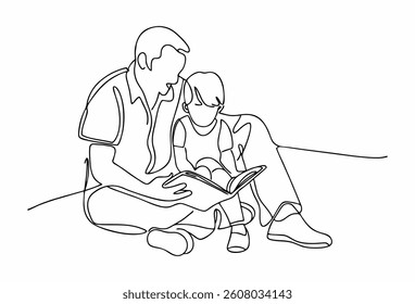 Flowing Single Line Father Reading. Smooth continuous line illustration of a father reading to child.