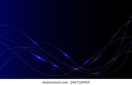 Flowing smooth dots particles wave pattern on a blue background. Internet network and communication signal technology, fiber optic line. Science and music backdrop. 


