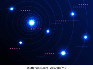 The flowing smooth wave pattern line and neon light is on a blue background. Internet network and communication signal technology, fiber optic line. Science and music backdrop. 


