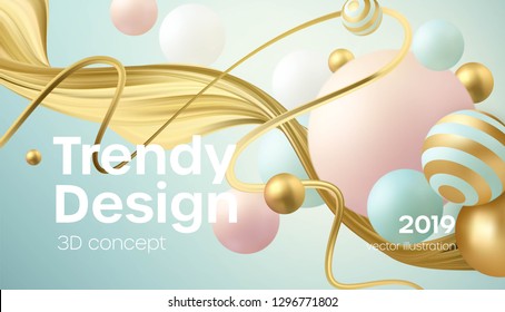 Flowing soft spheres. Abstract background with 3d geometric shapes. Modern cover design. Vector realistic illustration EPS10