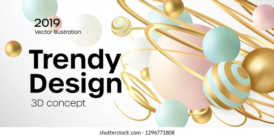 Flowing soft spheres. Abstract background with 3d geometric shapes. Modern cover design. Vector realistic illustration EPS10