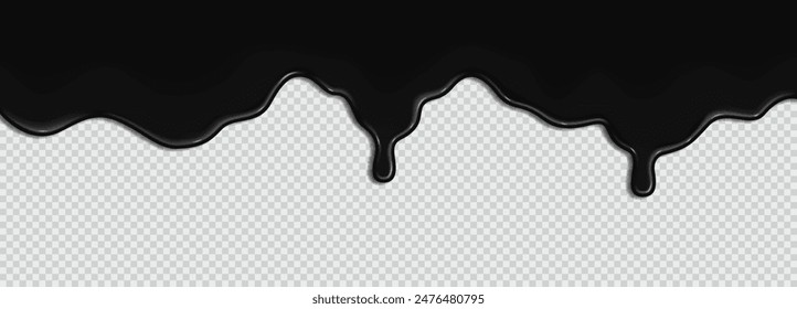 Flowing sticky liquid dark ink creating a wave of thick black oil or bitumen paint on transparent background. Realistic 3D vector illustration of top horizontal frame