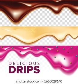 Flowing Sticky Sweet Cream Collection Set Vector. Strawberry, Vanilla And Chocolate Taste Cream Drips. Falling Delicious Tasty Dessert Ingredient Concept Template Realistic 3d Illustrations