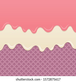 Flowing strawberry cream and milk cream melt on blueberry wafer background.