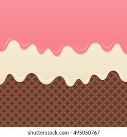 Flowing strawberry cream and milk cream melt on chocolate wafer background.