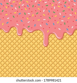 Flowing strawberry with rainbow sprinkles on wafer texture, Melted on waffle seamless background pattern, Minimal flat design for template banner, poster, label, Vector illustration