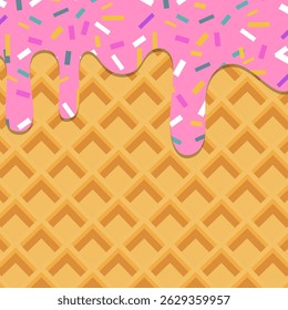 Flowing strawberry with rainbow sprinkles on wafer texture. Vector template for typography poster, banner, flyer, label, cafe or restaurant menu 