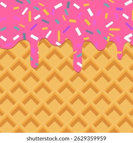 Morango fluido com salpicos de arco-íris na textura de bolacha. Modelo vetorial para cartaz tipográfico, faixa, folheto, etiqueta, café ou menu de restaurante 