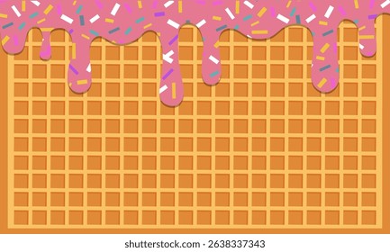 Flowing strawberry with rainbow sprinkles on wafer texture. Ice cream melted background with waffle or wafer.