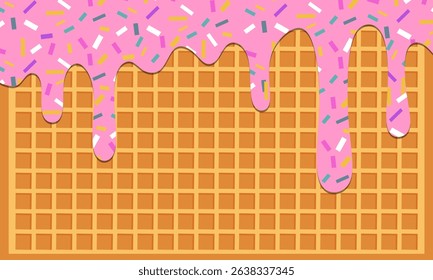 Flowing strawberry with rainbow sprinkles on wafer texture. Ice cream melted background with waffle or wafer.