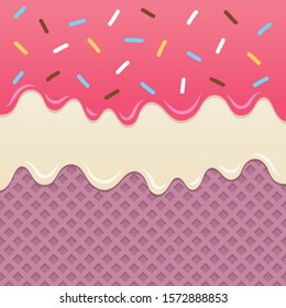 Flowing strawberry sauce with rainbow sprinkles and milk cream melt on blueberry wafer background.