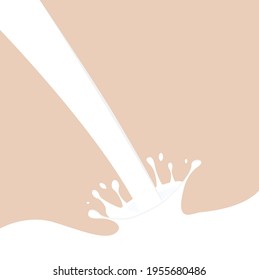 Flowing stream of milk with flying drops. Vector illustration. Light beige background. Banner, logo, sign. For a wide variety of applications in design.