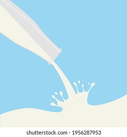 Flowing stream of milk with flying drops from a glass bottle. Vector illustration. Blue background. Banner, logo, sign. For a wide variety of applications in design.