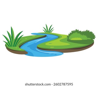 Flowing stream vector illustration. Depicts a natural water body moving between banks, ideal for nature, landscape, and environmental themes.