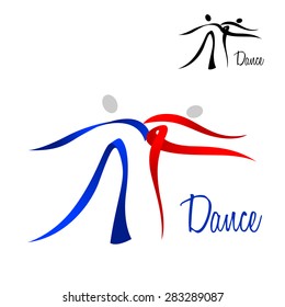 Flowing stylized dancing couple icon in red and blue with a black color variant for sport logo design