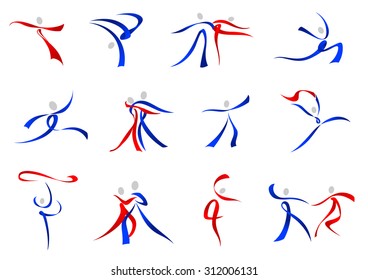 Flowing stylized modern dancers icons in red and blue in a variety of dance poses