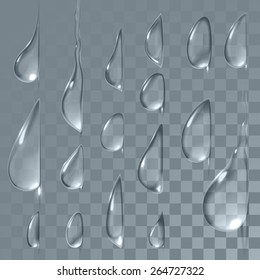 Flowing transparent vector water drops set. Condensation droplet can be applied for any background without losing visibility