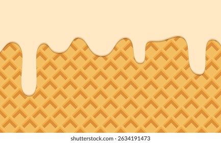 Flowing vanilla cream on wafer vector. Melted vanilla ice cream dropping on ice cream cone texture square background graphic illustration
