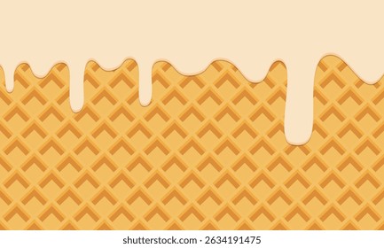 Flowing vanilla cream on wafer vector. Melted vanilla ice cream dropping on ice cream cone texture square background graphic illustration