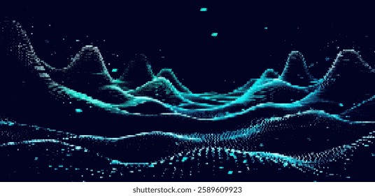 A flowing vector illustration of abstract blue waves formed by dynamic particles on a dark background, evoking a sense of digital energy and fluidity in motion.