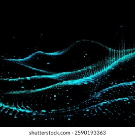 A flowing vector illustration of abstract blue waves formed by dynamic particles on a dark background, evoking a sense of digital energy and fluidity in motion.