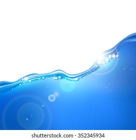 Flowing vector water wave with lot of bubbles. Bright background for your design.