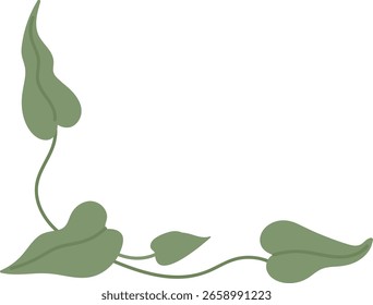 Ein fließender Weinstock mit Blättern bildet einen Eckrand in einem sauberen Cartoon-Stil. Gebogene Blätter schaffen einen eleganten Rahmen auf weißem Hintergrund. Cartoon, Vektorgrafik.