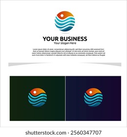 A flowing water symbol integrated with simple wave lines and sun Logo vector template for your company