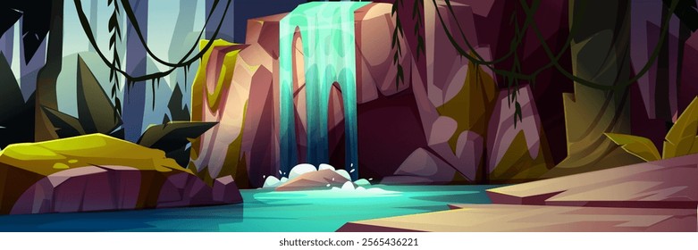 Flowing waterfall over cave entrance - magical turquoise stream leaking through rocky grotto with hanging vines, brown cliffs and water pool. Mystical fantasy location for game level background.