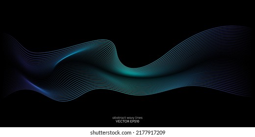 Flowing wave lines pattern blue green light gradient curve shape isolated on black background. Vector in concept of technology, science, music, modern.