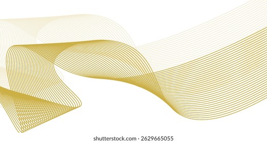 Forma suave de la curva del color dorado del patrón de onda que fluye aislada en fondo transparente. Vector en el concepto de tecnología, ciencia, música, modernidad.