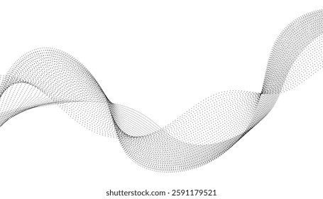 Flowing wave pattern, halftone gradient card with dots isolated on white background. Concept of technology, science, music, modern.