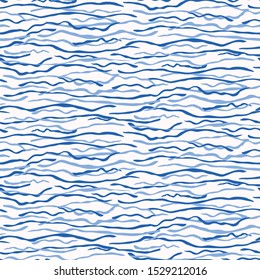 Flowing Wave Water Texture Seamless Vector Pattern. Blue Hand Drawn for Lake, River, Sea or Ocean Pool Background. Great for Marine Packaging, Vacation Brochure. Vector All Over Print in EPS10