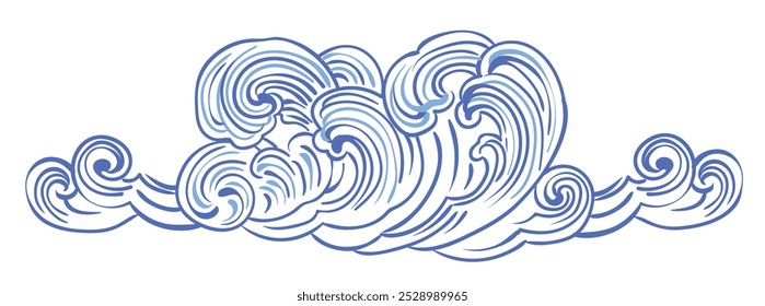 Flowing waves with swirls in blue tones on a white background. Japanese style concept, ocean waves wallpaper vector, blue line ocean wave ornament. Vector Palekh motifs.